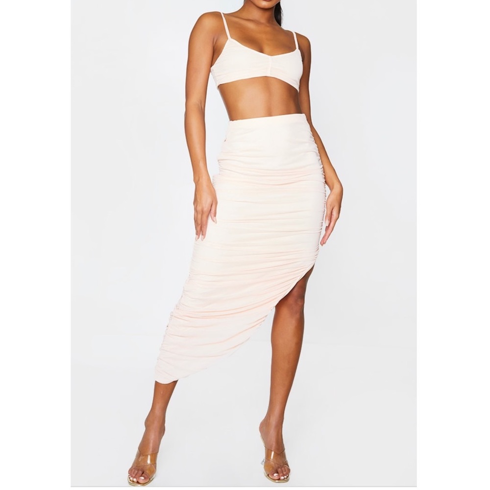 PLT - Nude mesh layered scoop neck strap pay crop top and split leg midi skirt